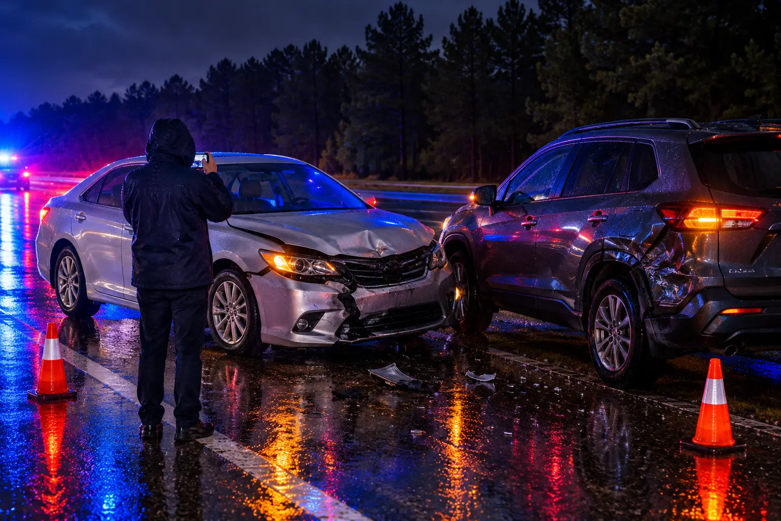 A driver in a rain jacket, seen from behind, photographs a silver sedan with a crushed front end beside a damaged SUV on a wet road at night, lit by police lights